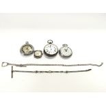 A silver pocket watch and a silver wrist watch and