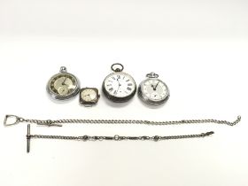 A silver pocket watch and a silver wrist watch and