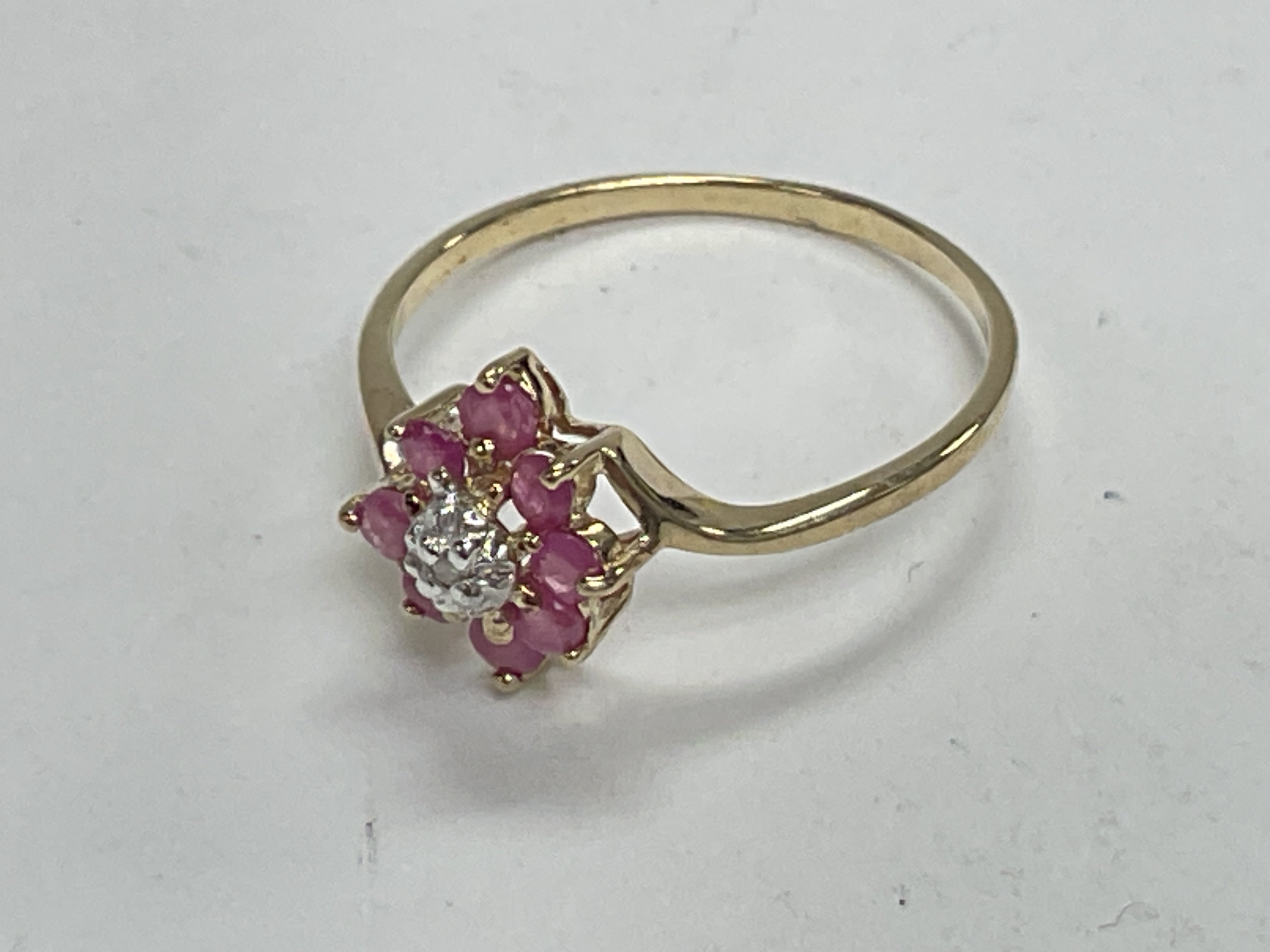 9ct yellow gold ruby and diamond dress ring. R/C r