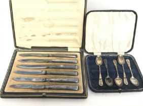 Cased silver Hallmarked spoons and non silver fish
