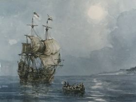 A well presented watercolour study of a sailing ship entitled Moonlight arrival by John Sutton.