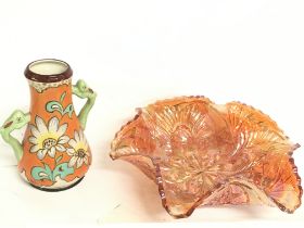 A carnival glass dish and a floral Art Deco vase w