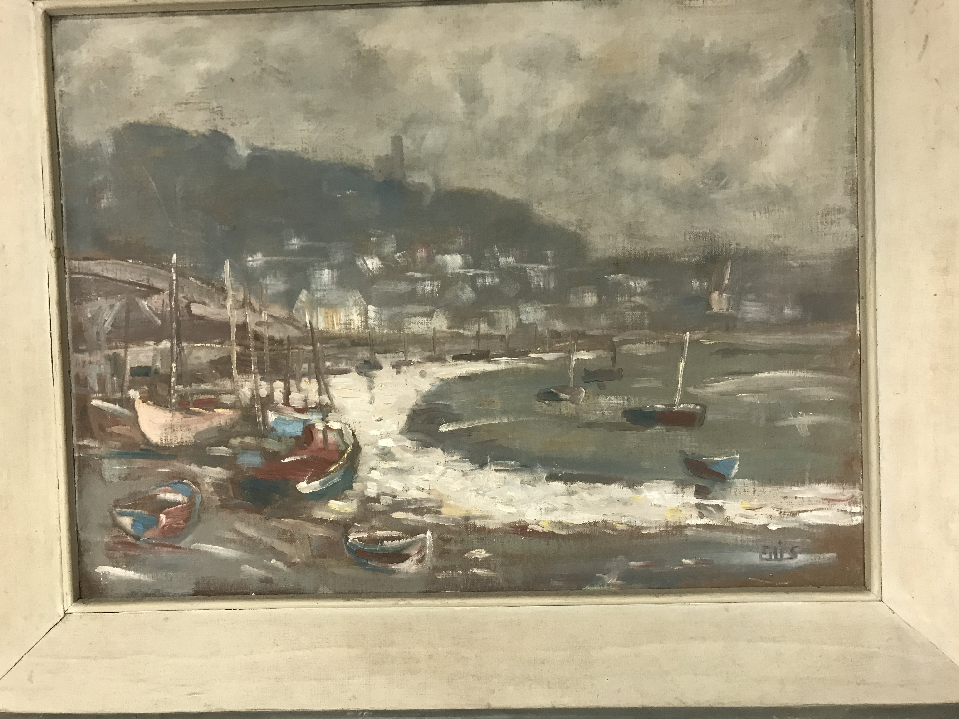 A framed oil on board depicting a view from Leigh