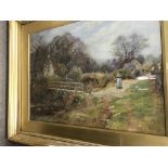 A framed watercolour country side view wit stream