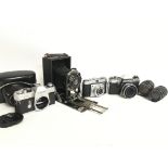 A collection of various cameras including a Canon