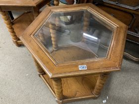 2 Octagonal oak and glass topped coffee tables.