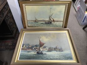 A pair of oil paintings study of Thames barges off