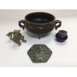 A bronze censer, approx width 19cm and other oddme