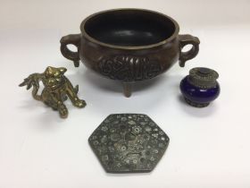 A bronze censer, approx width 19cm and other oddme