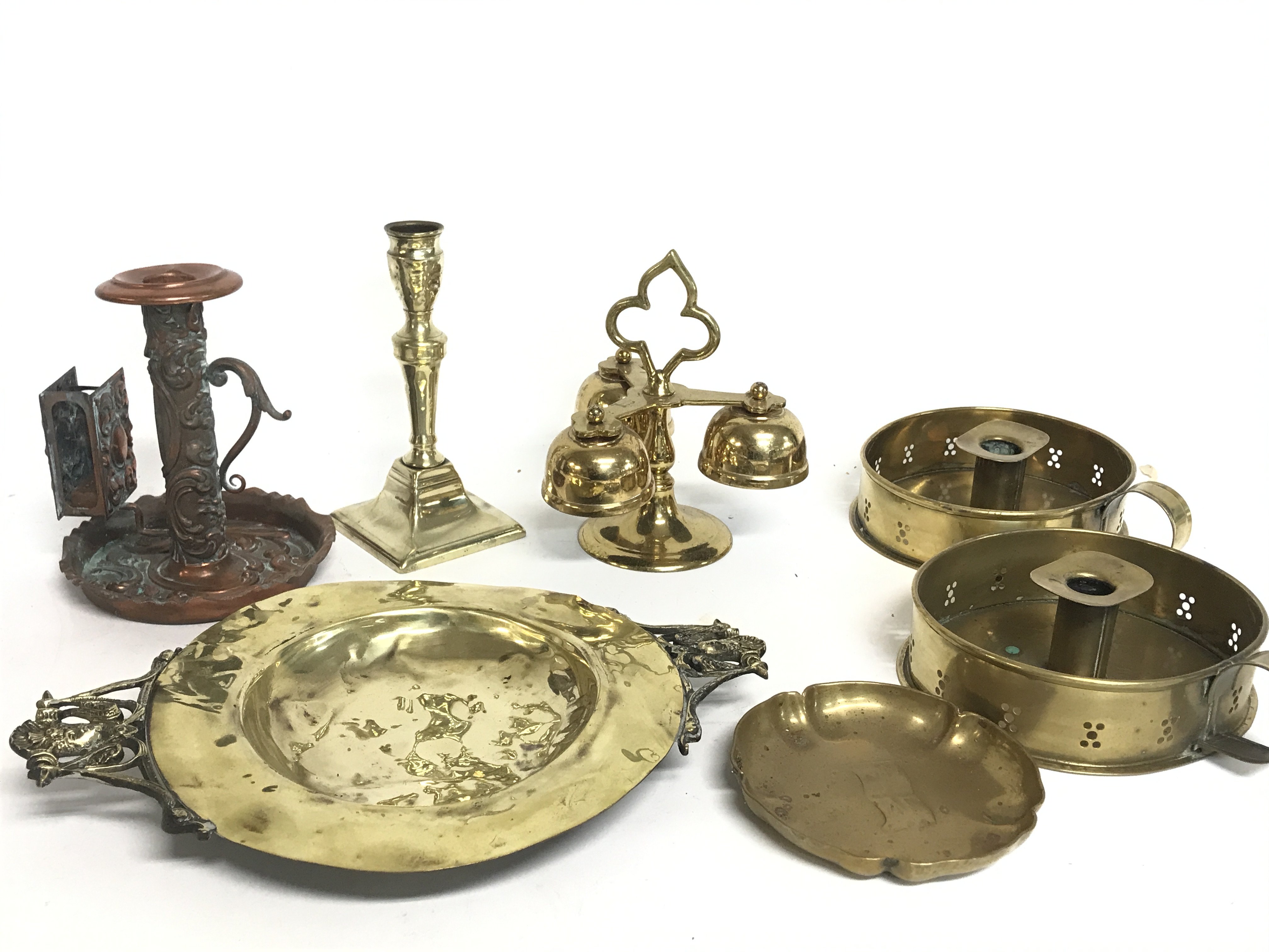 A collection of brass and copper items including d