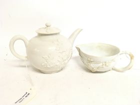 A mid 18th century Bow tea pot and jug. No obvious
