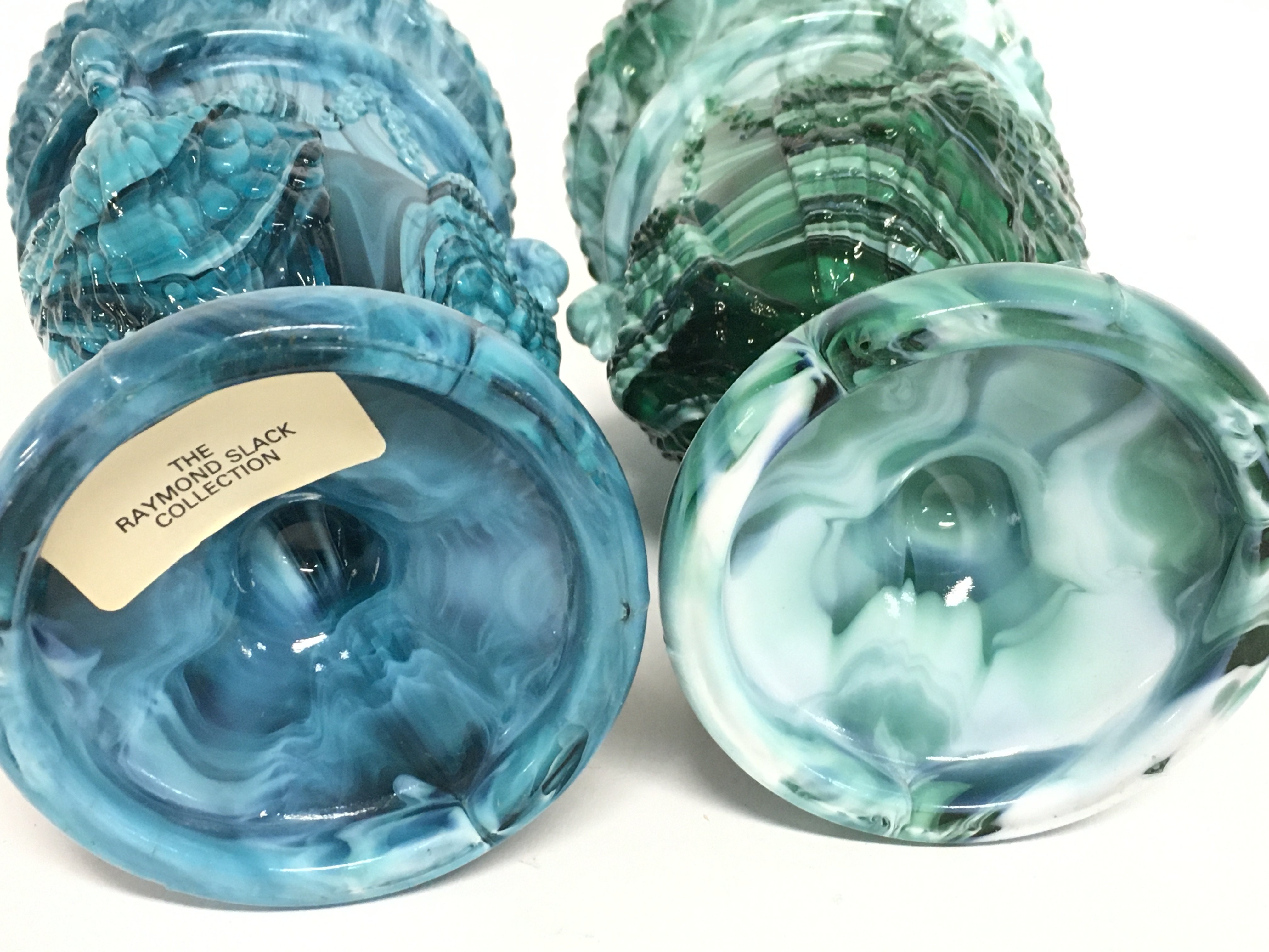 A pair of malachite slag Gryphon glass urns, 17cm - Image 3 of 3