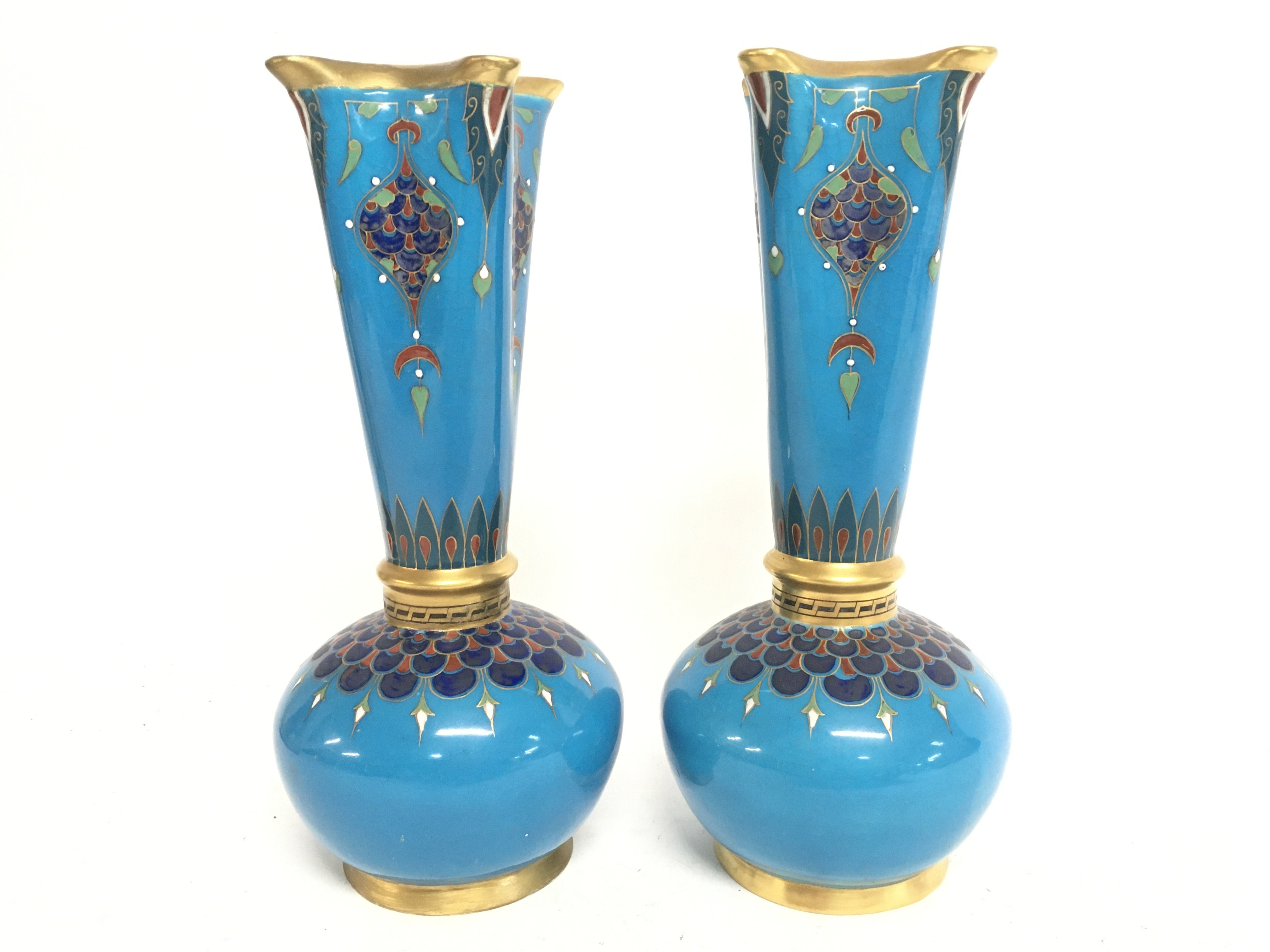 A pair of ornate blue and gilt Minton vases (damag - Image 2 of 4