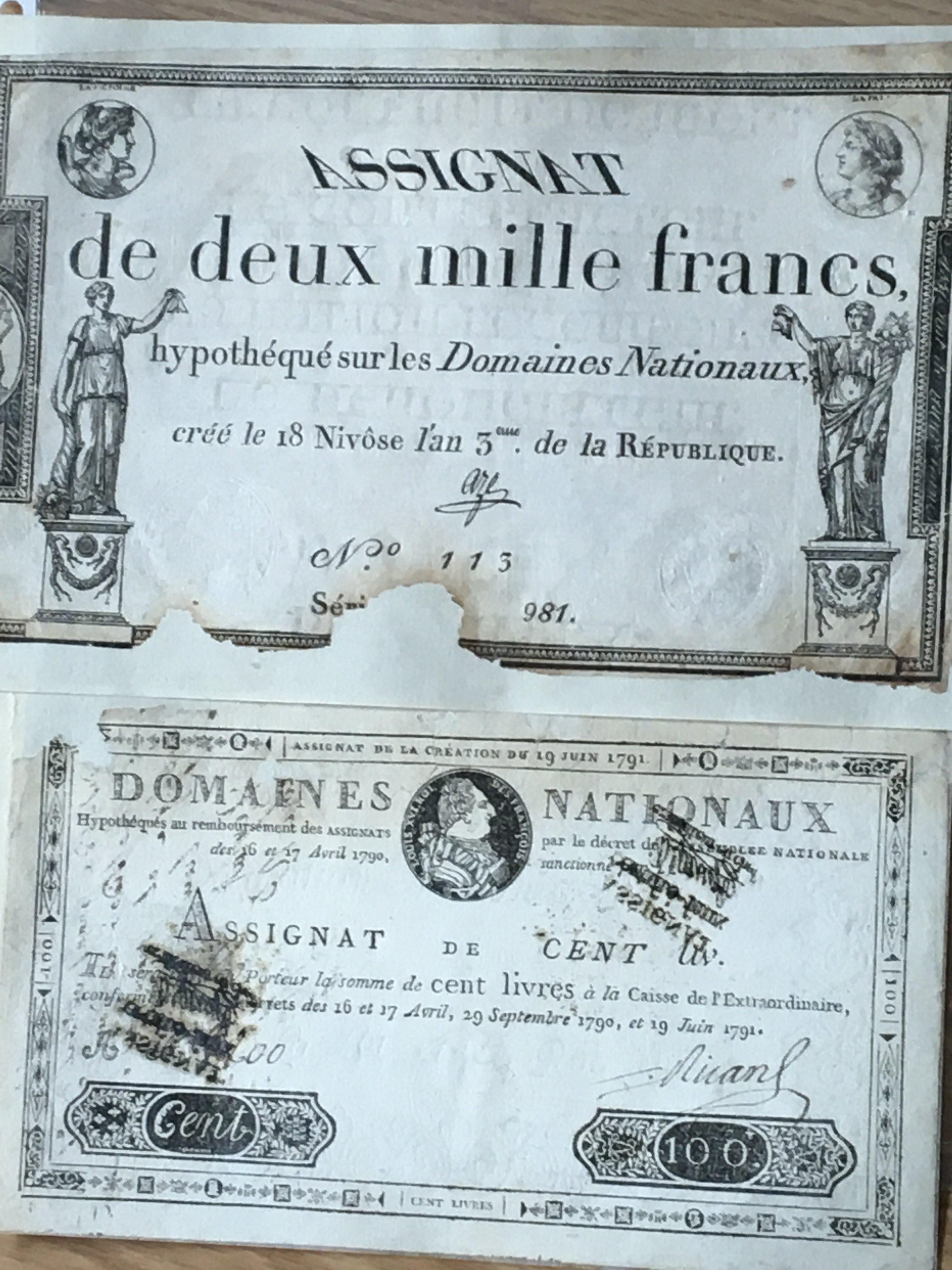 A rare French Republique bank note de deux Millie