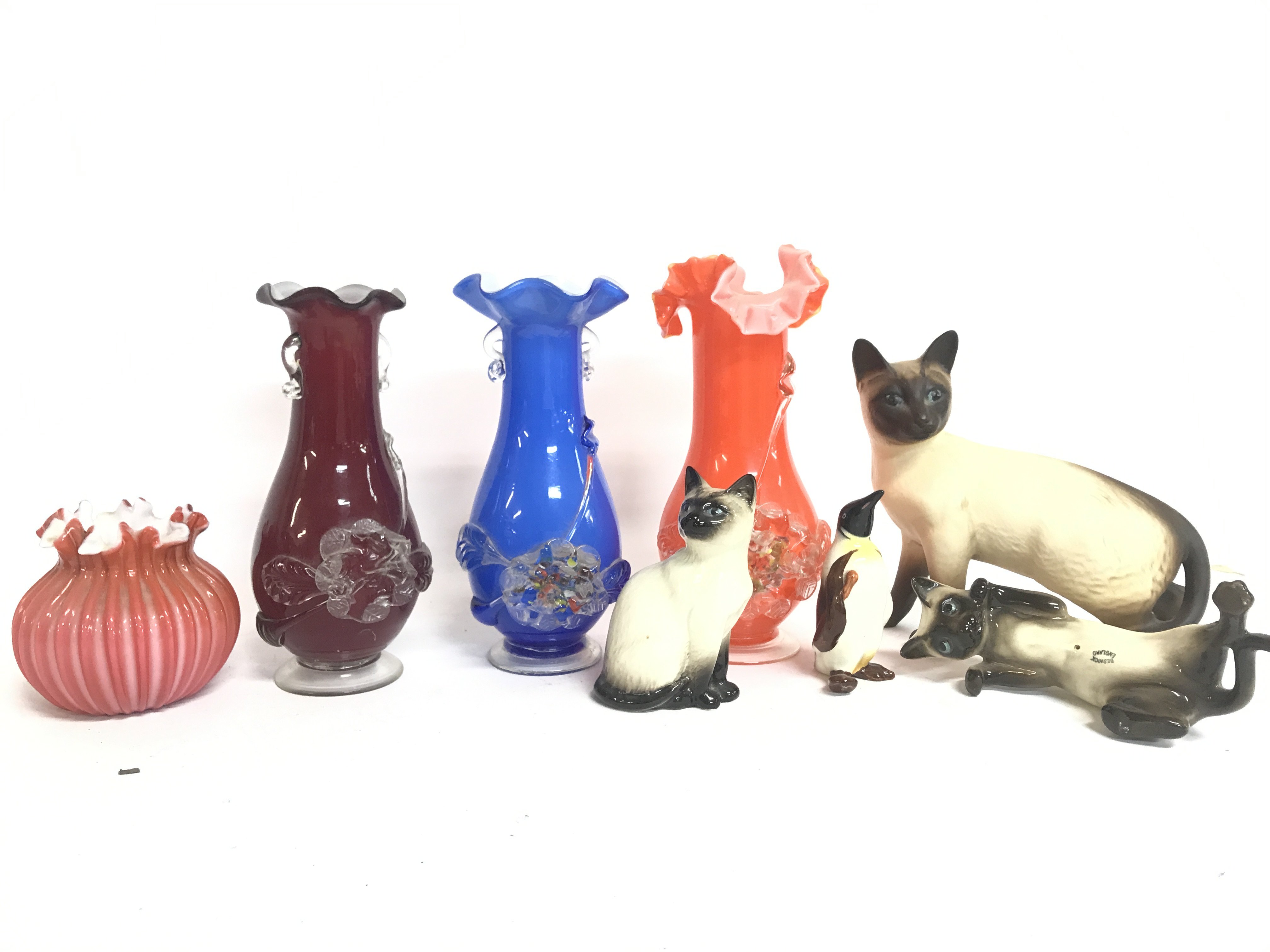 Coloured Murano style art vases and Beswick figure