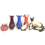 Coloured Murano style art vases and Beswick figure