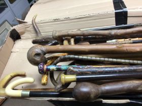 A collection of walking sticks whips and shooting