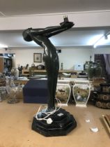 A heavy bronze lady figure lamp with marble base.