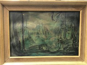 A framed fairy tale castle scene watercolour, fram