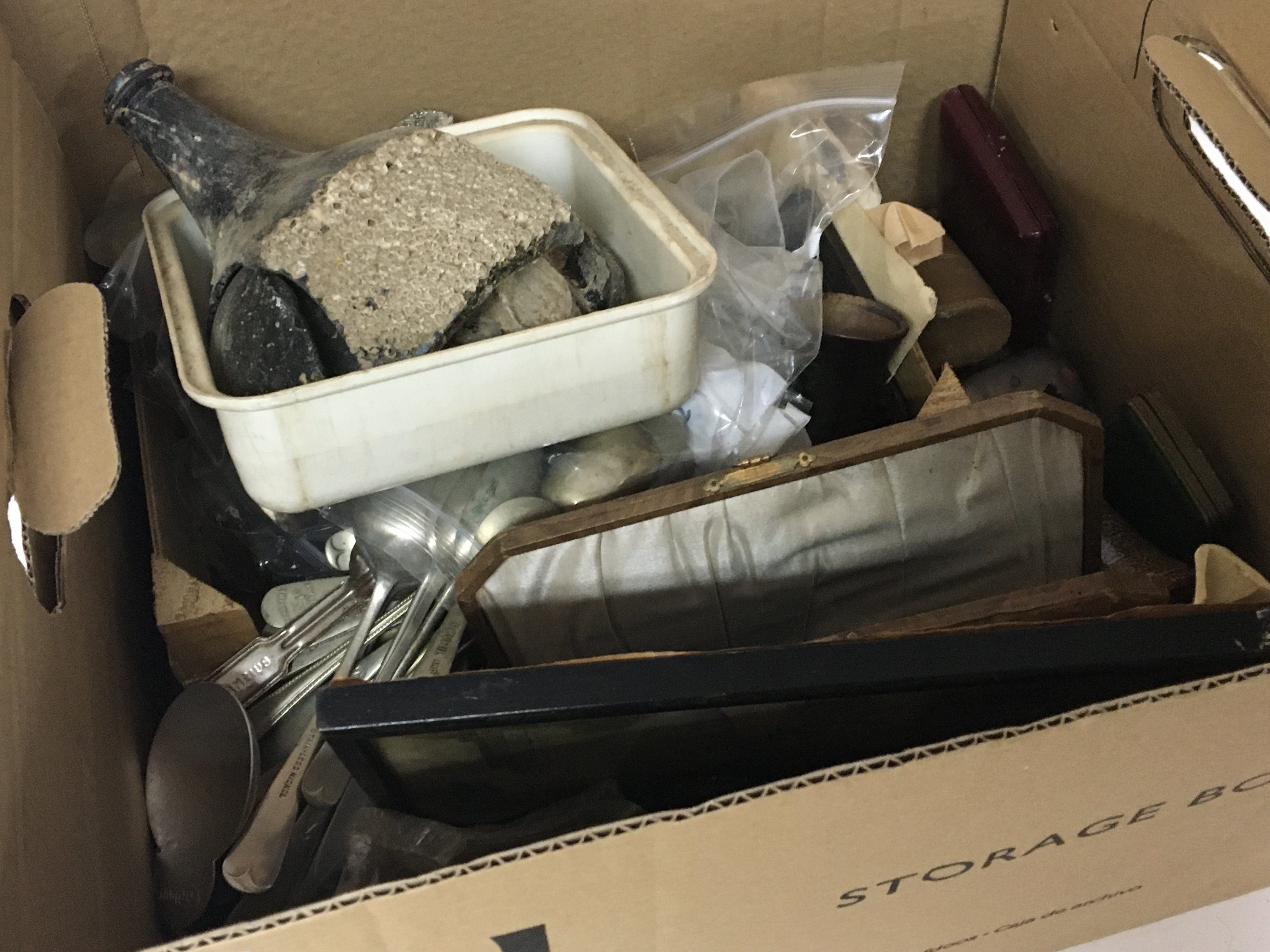 A box containing antique oddments glass cutlery sm