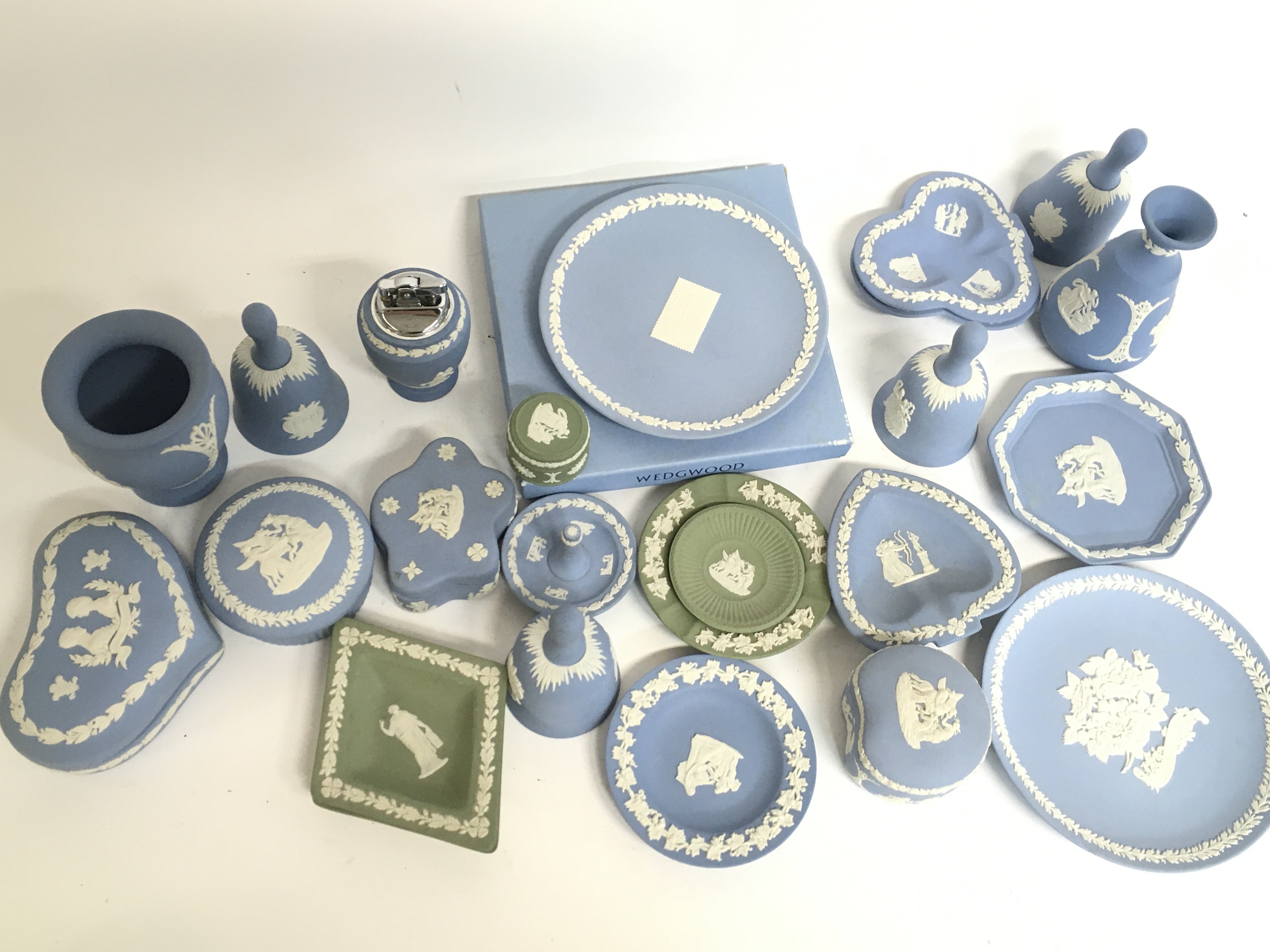 A collection of various wedgewood blue and green j