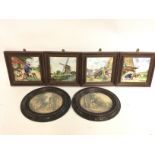 Framed Royal Mosa porcelain tiles and oval 19th ce