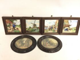 Framed Royal Mosa porcelain tiles and oval 19th ce