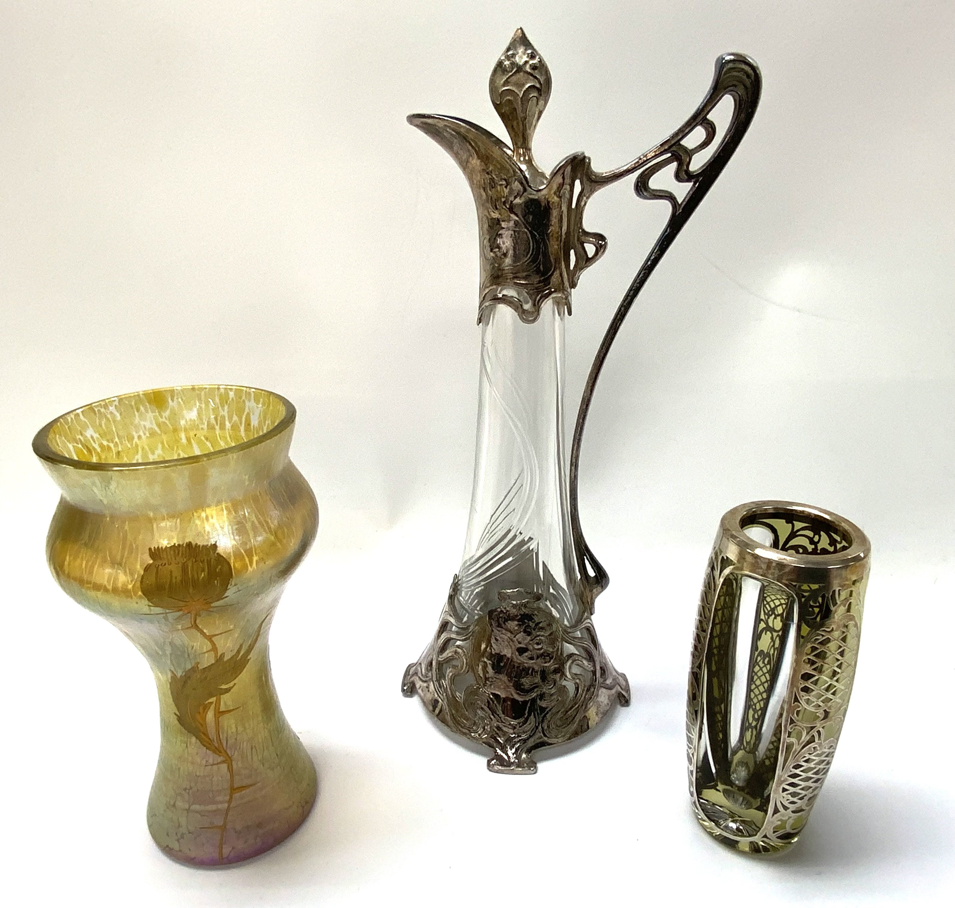 A WMF hand blown and cut glass ewer with silver pl