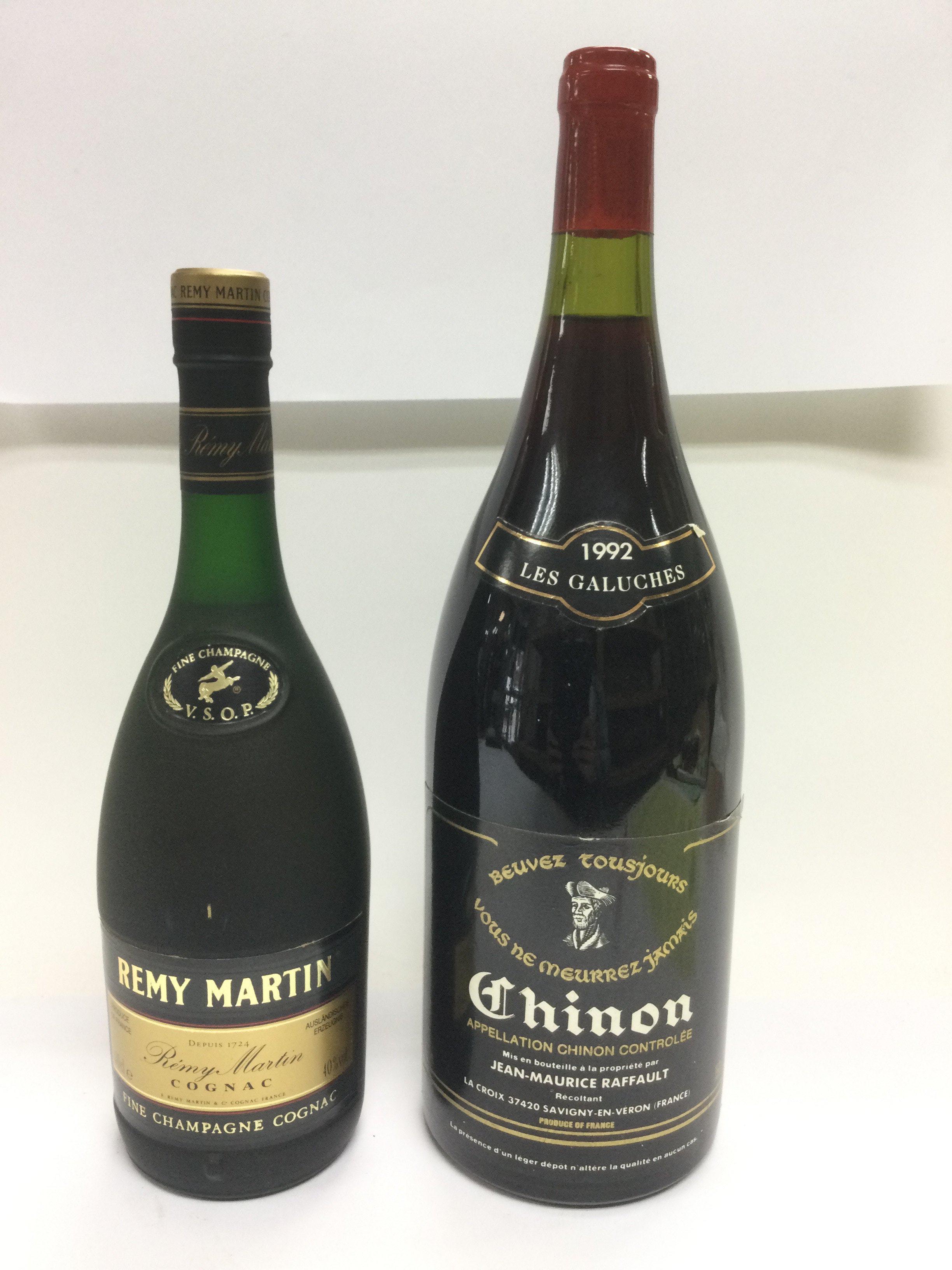 A large bottle of 1992 Chinon red wine and a 70cl