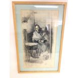 A framed charcoal sketch of a seated woman by Vila