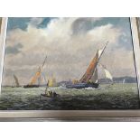 A framed oil on board depicting sailing boats the