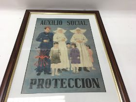 A framed auxilio social proteccion poster. 41cm wi