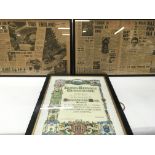 A collection of framed newspaper pages framed and