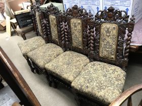 Four oak carved design upholstered hall chairs, di