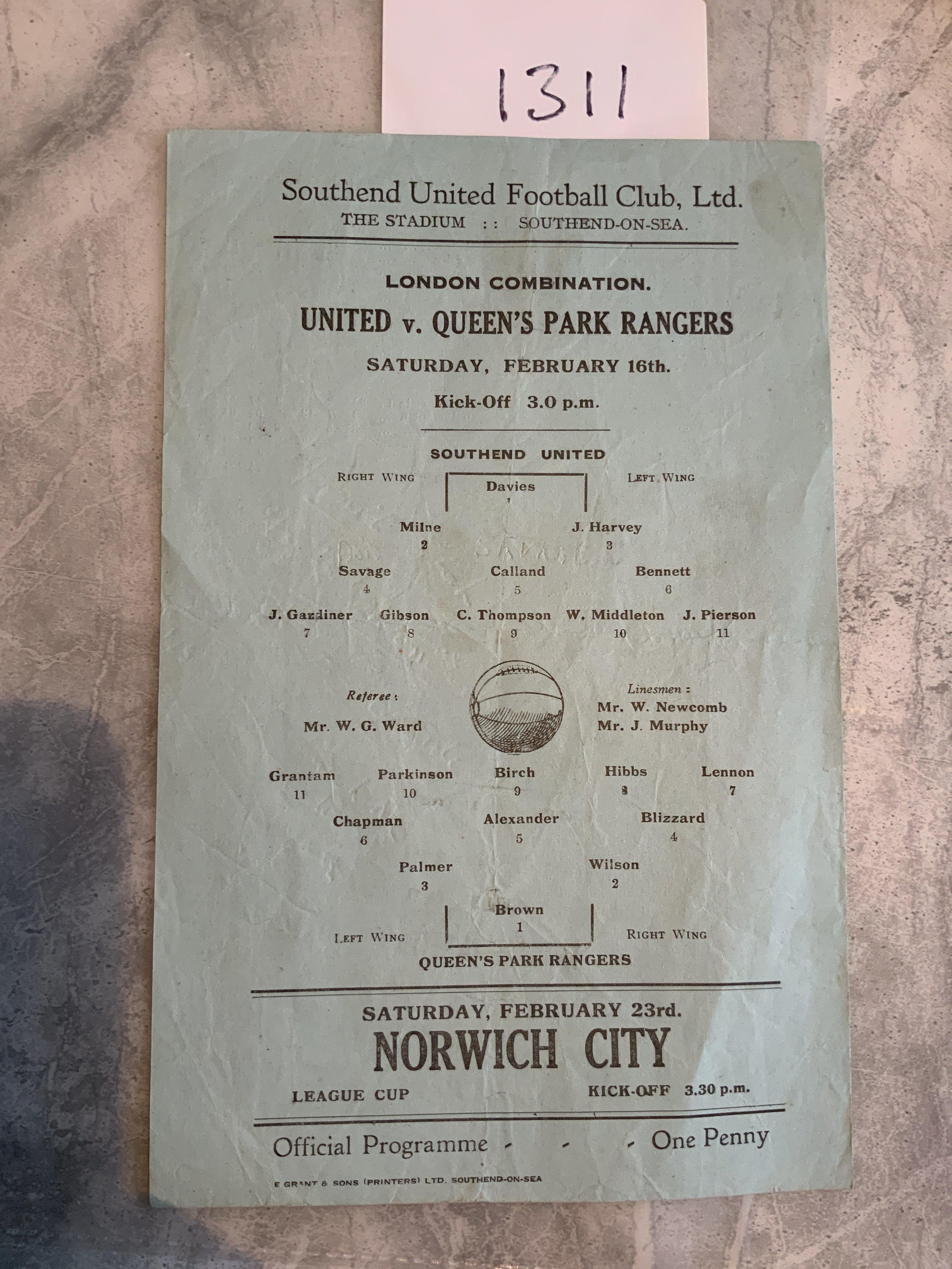 45/46 Southend United v QPR Reserves Football Prog