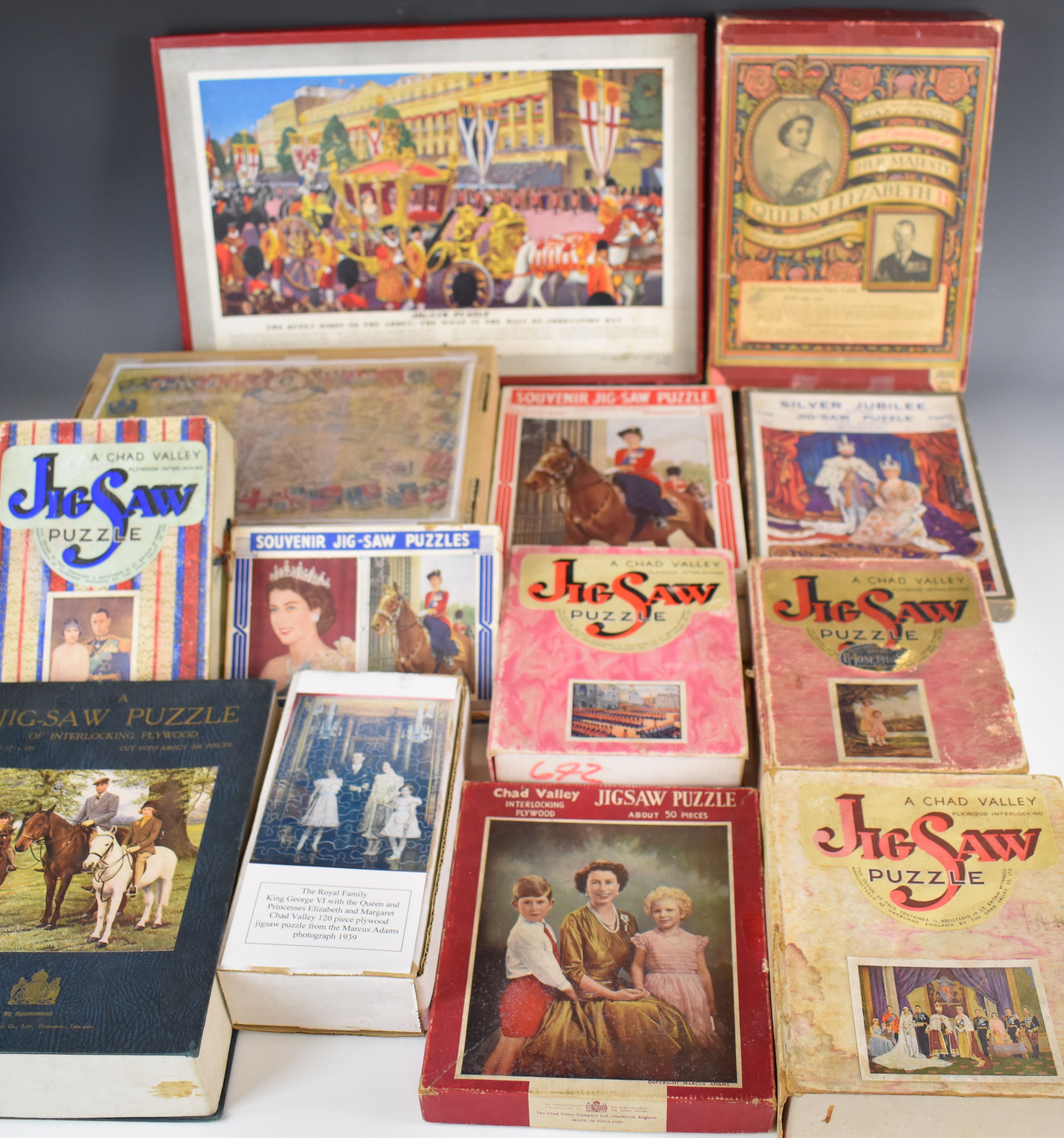 Twelve Royal interest Chad Valley vintage wooden jigsaw puzzles including trooping the colour,