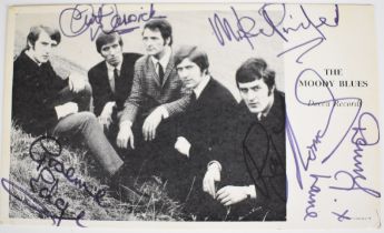 Signed / autographed The Moody Blues Decca Records promotional photographic postcard with list of