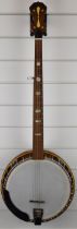 German five string banjo with inlaid mahogany neck, rosewood back and mother of pearl fretwork,