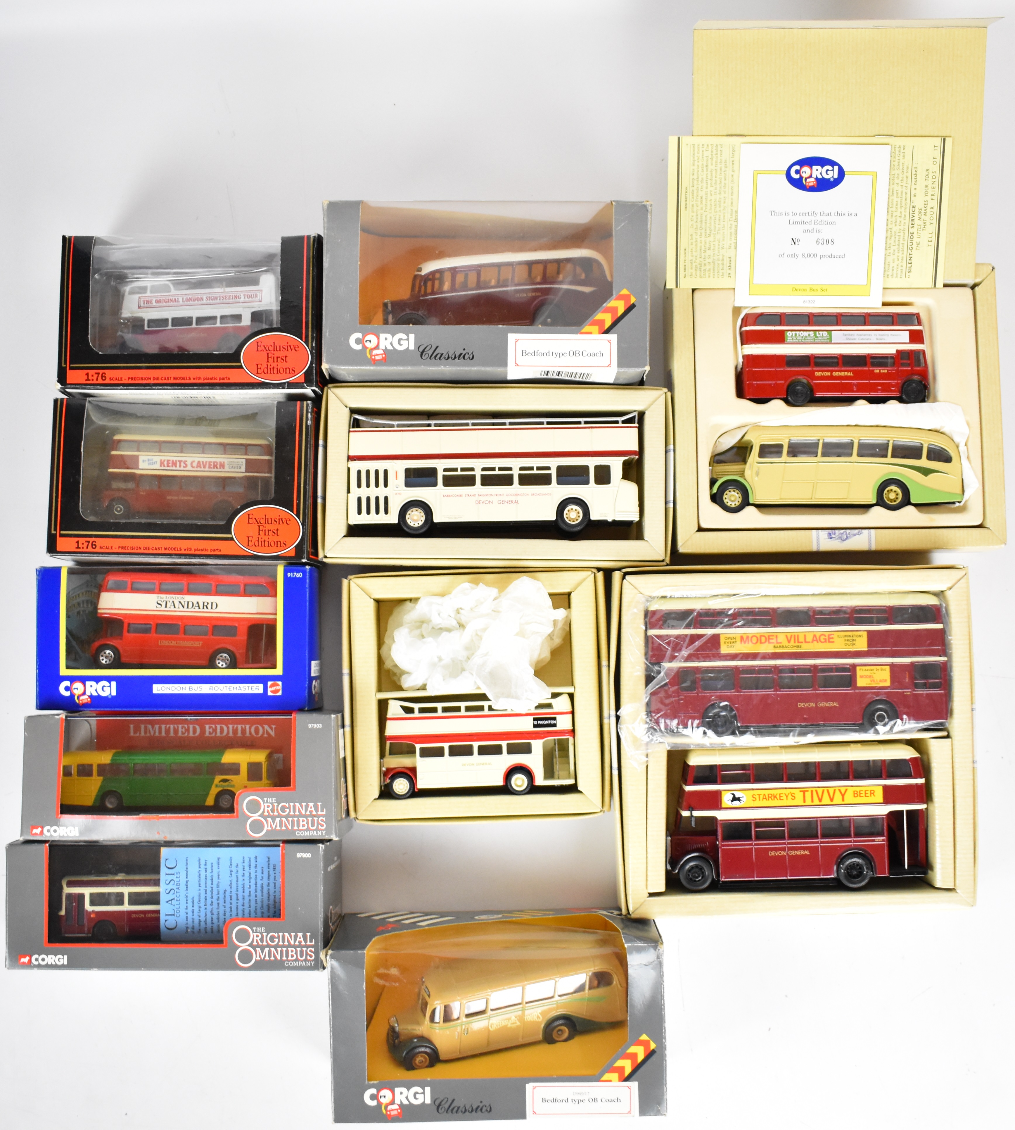 Eleven diecast model buses by Corgi, Exclusive First Editions (EFE) and The Original Omnibus