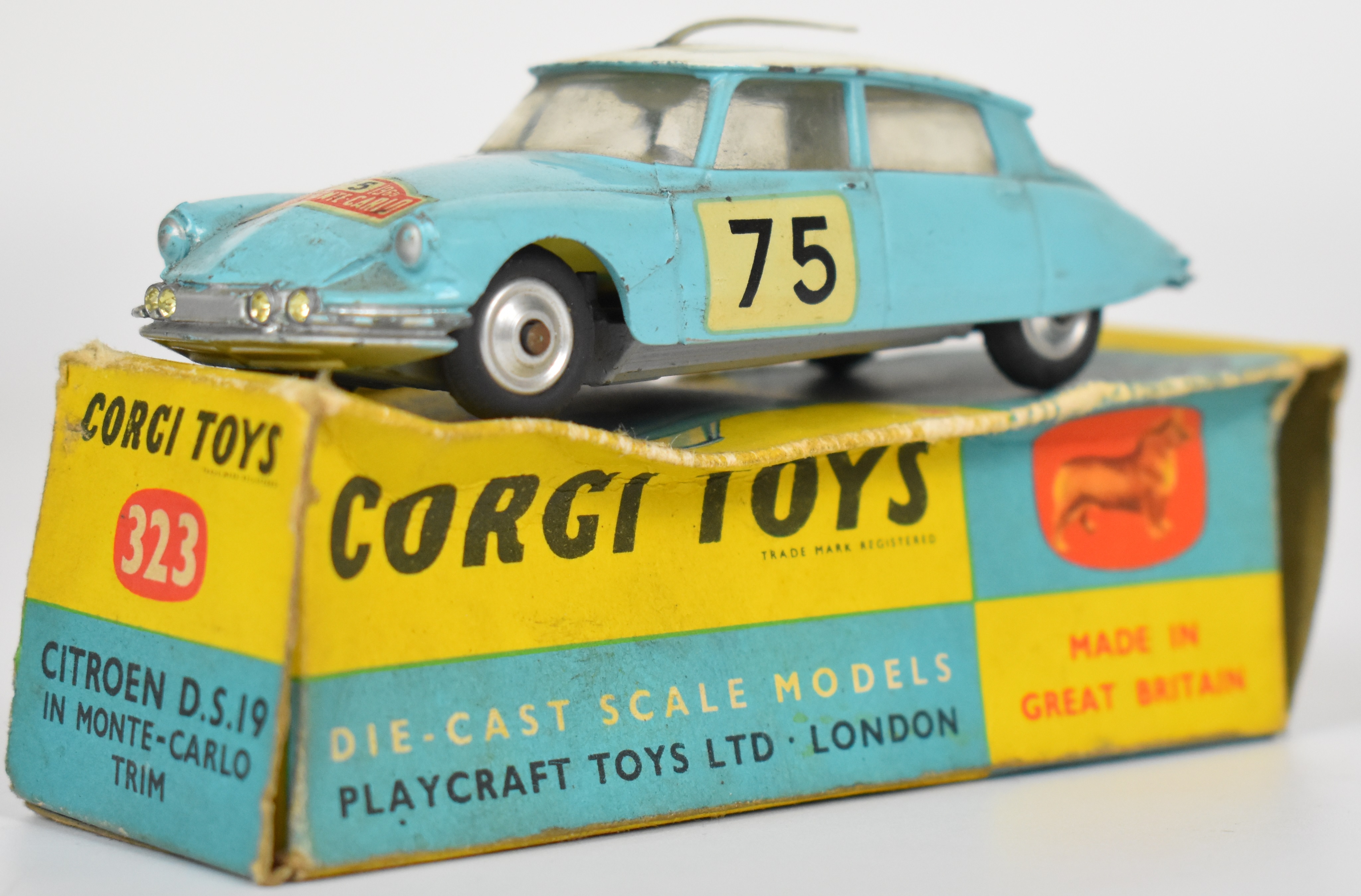 Corgi Toys diecast model Citroen DS19 in Monte-Carlo Trim with light blue body, white roof, lemon