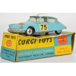 Corgi Toys diecast model Citroen DS19 in Monte-Carlo Trim with light blue body, white roof, lemon