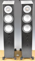 A pair of Monitor Audio 200 Silver 200 hifi speakers in dark oak, serial 101070, H89 x D24 x W6.5cm
