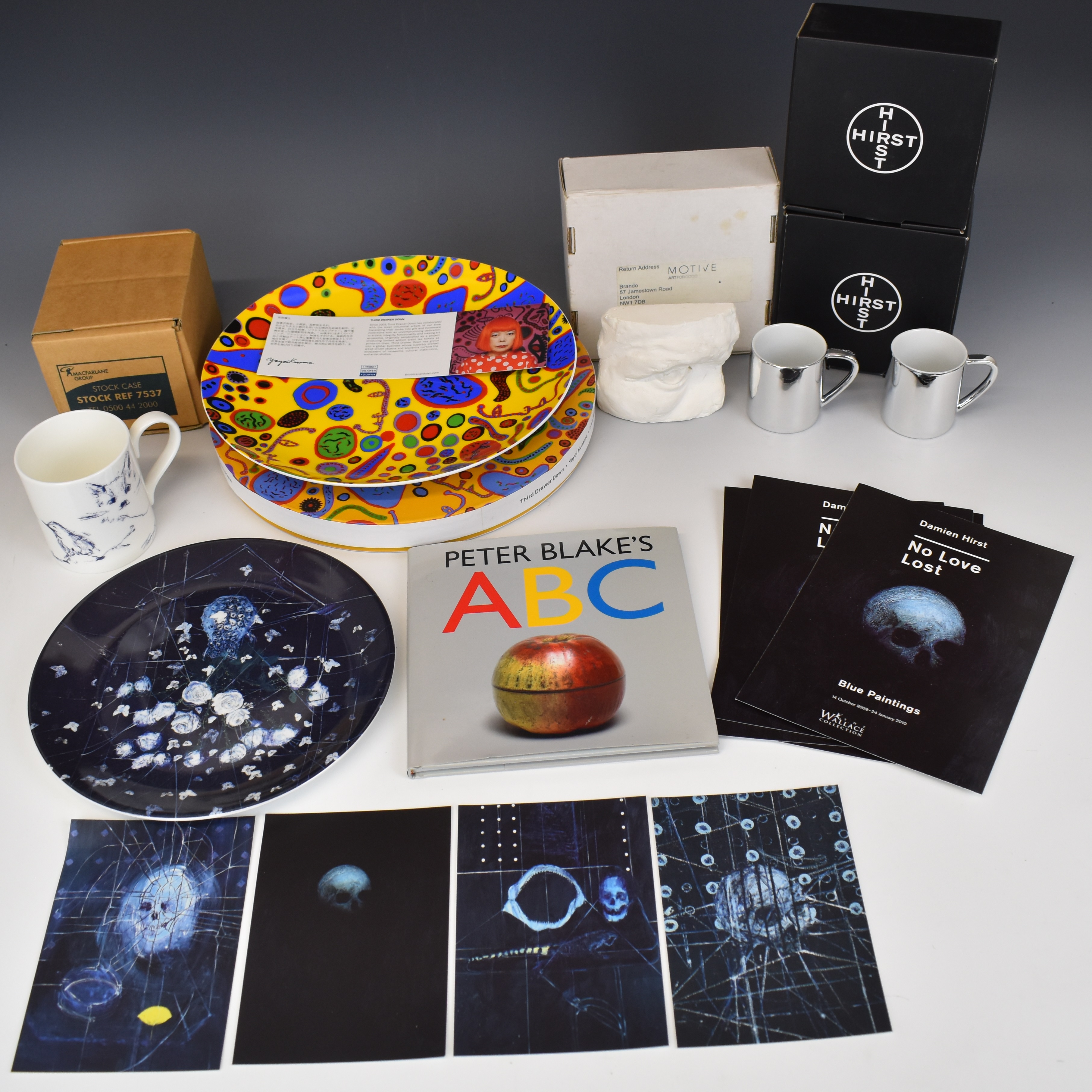 Modern Art Damien Hirst Requiem porcelain plate and two boxed Anamorphic cups and saucers, signed