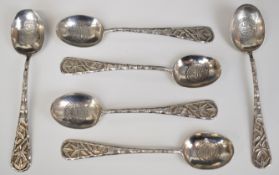 Set of six Chinese silver teaspoons with bamboo decoration to handles, with Chinese silver marks for