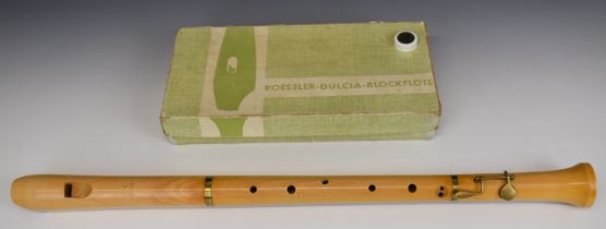 Roessler three piece tenor recorder, in original fitted box