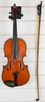 Unnamed 19th century violin with 35.5cm single piece back, in fitted case with bow