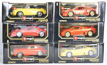 Six Burago 1:18 scale diecast model sports cars to include Ferrari F40 1987, Porsche 365B Coupé 1961