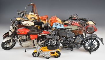 Nine handmade model motorbikes to include Norton, Ariel Square Four and Indian, largest 40cm long.