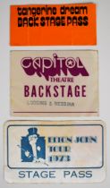 Three backstage pass stickers for Elton John Tour 1973, Tangerine Dream and Loggins and Messina at