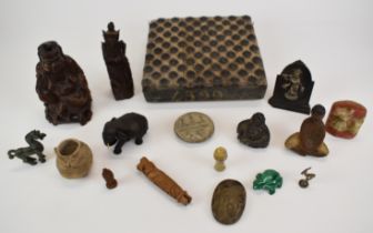 A collection of tribal and similar items including cane or similar handle, printing block etc